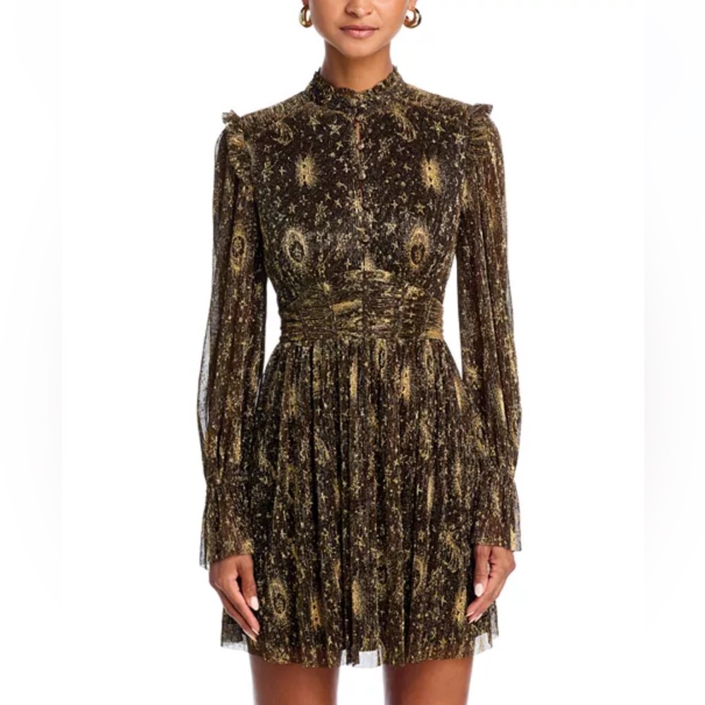 Aqua Metallic Gold and Black Long Sleeve High-Neck Dress